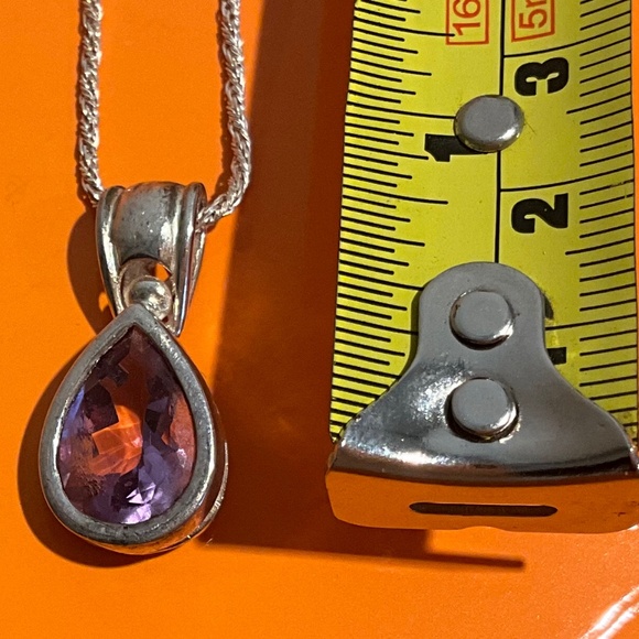 Large 1” Amethyst Teardrop Pendant Sterling Silver Necklace 16" Rope Chain - Picture 5 of 15